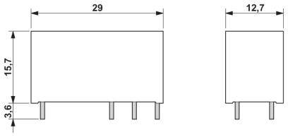 Dessin technique d'un composant rectangulaire avec les dimensions suivantes : 29 mm de longueur, 15,7 mm de hauteur, 12,7 mm de largeur et 3,6 mm de base.