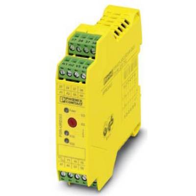 Relais de sécurité jaune avec des bornes de connexion vertes. Boutons rouge et blanc sur la façade. Utilisé dans les systèmes de sécurité électriques.
