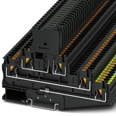 Un connecteur électrique noir empilable avec des éléments orange et verts, adapté aux applications industrielles.