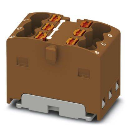 Barrette de connexion marron pour installations électriques avec plusieurs points de connexion et bornes, compatible avec les rails DIN.