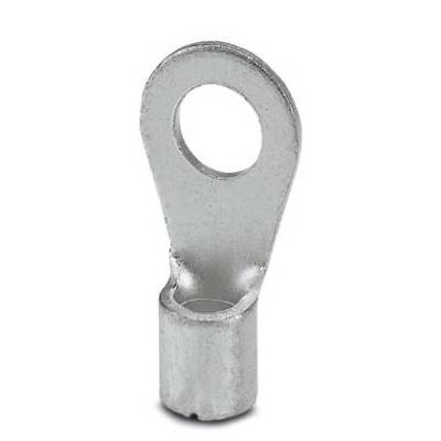 Une œilère de câble en argent avec une extrémité cylindrique et un anneau plat en haut pour les connexions électriques.