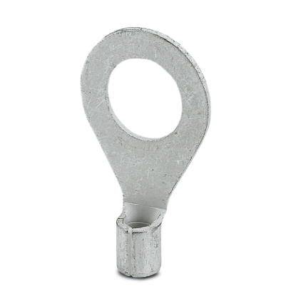 Anneau à œillet métallique, brillant argenté, avec un trou rond à l'extrémité et une tige cylindrique, probablement destiné à la fixation.