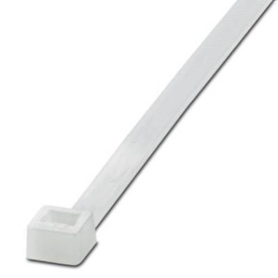 Un collier de serrage blanc simple avec une fermeture rectangulaire, utilisé pour regrouper ou fixer des câbles.