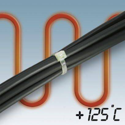 Un câble noir attaché avec un serre-câble est placé devant un arrière-plan avec une spirale chauffante, à côté duquel est inscrit '+125°C'.