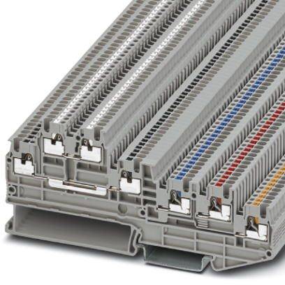 Bornes électriques modulaires en gris avec codage couleur pour l'identification des connexions, empilées verticalement.