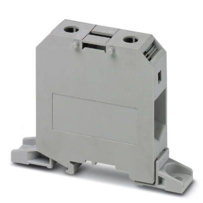 Composant électrique gris rectangulaire avec deux trous de fixation en haut et une large base en bas. Couramment utilisé dans les armoires électriques.