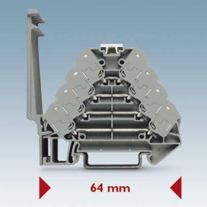 Coupe transversale d'un composant technique gris avec des structures pyramidales, largeur : 64 mm, sur fond bleu.