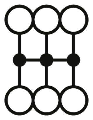 'Motif graphique composé de six cercles vides, reliés par des lignes autour d'un carré central formé de quatre cercles pleins.'