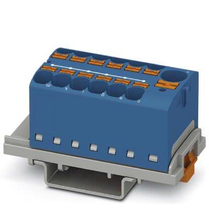 Connecteur bleu avec des bornes oranges sur un support gris. Utilisé pour les connexions électriques dans les appareils électroniques.