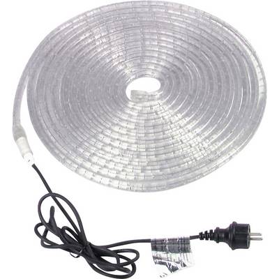 Une guirlande lumineuse enroulée, transparente, avec un câble noir et une prise. Idéale pour les éclairages décoratifs.
