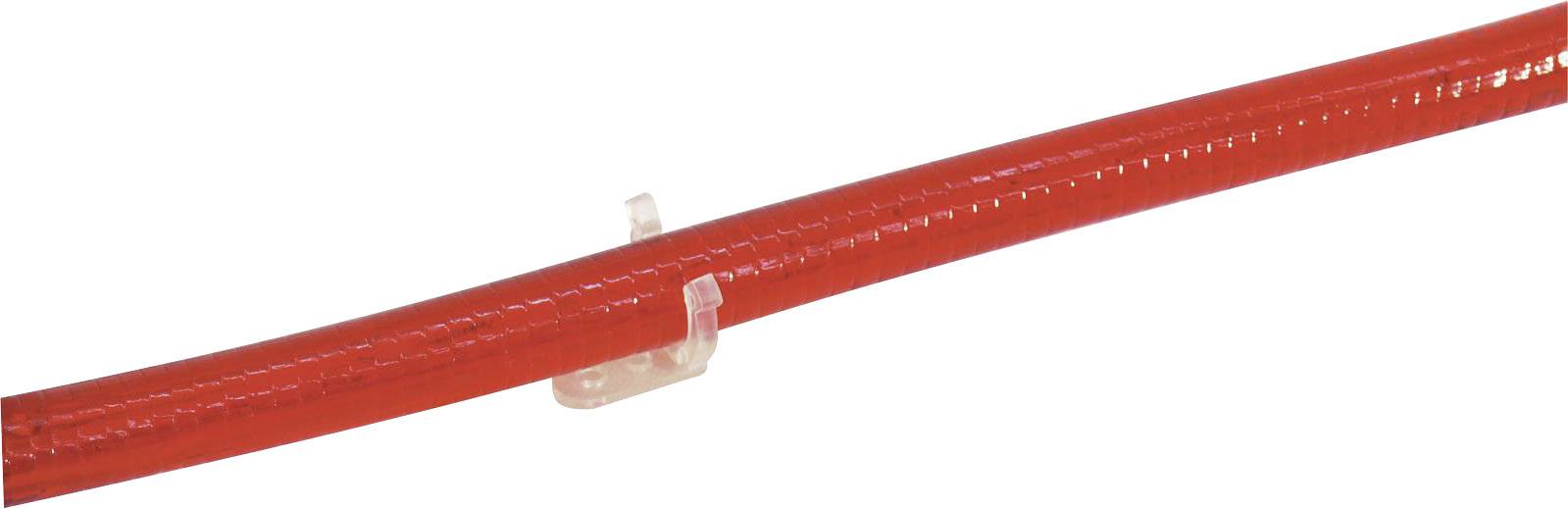 Tuyau flexible rouge avec pince de fixation, sur fond blanc.