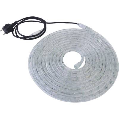 Une guirlande lumineuse LED enroulée avec connexion électrique, utilisée pour la décoration ou l'éclairage.