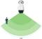 Caméra avec détecteur de mouvement montrant un angle de détection de 110 degrés. Une silhouette stylisée est positionnée à la limite du champ de détection vert.