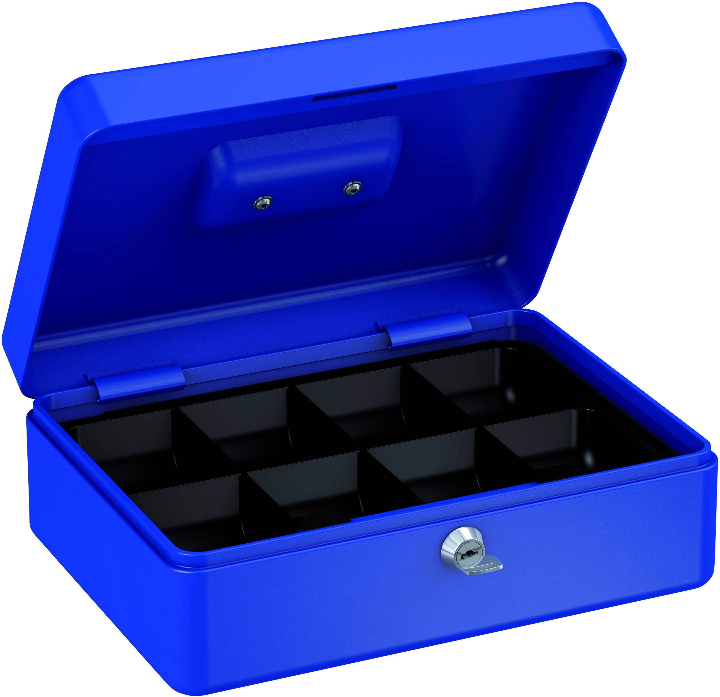 Boîte métallique bleue avec couvercle ouvert, montrant six compartiments vides et une serrure à clé sur la face avant.