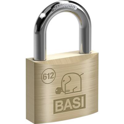 'Un cadenas en laiton robuste avec une anse en argent, arborant un logo d'éléphant et gravé « 612 BASI » sur le devant, indiquant la marque et le modèle.'