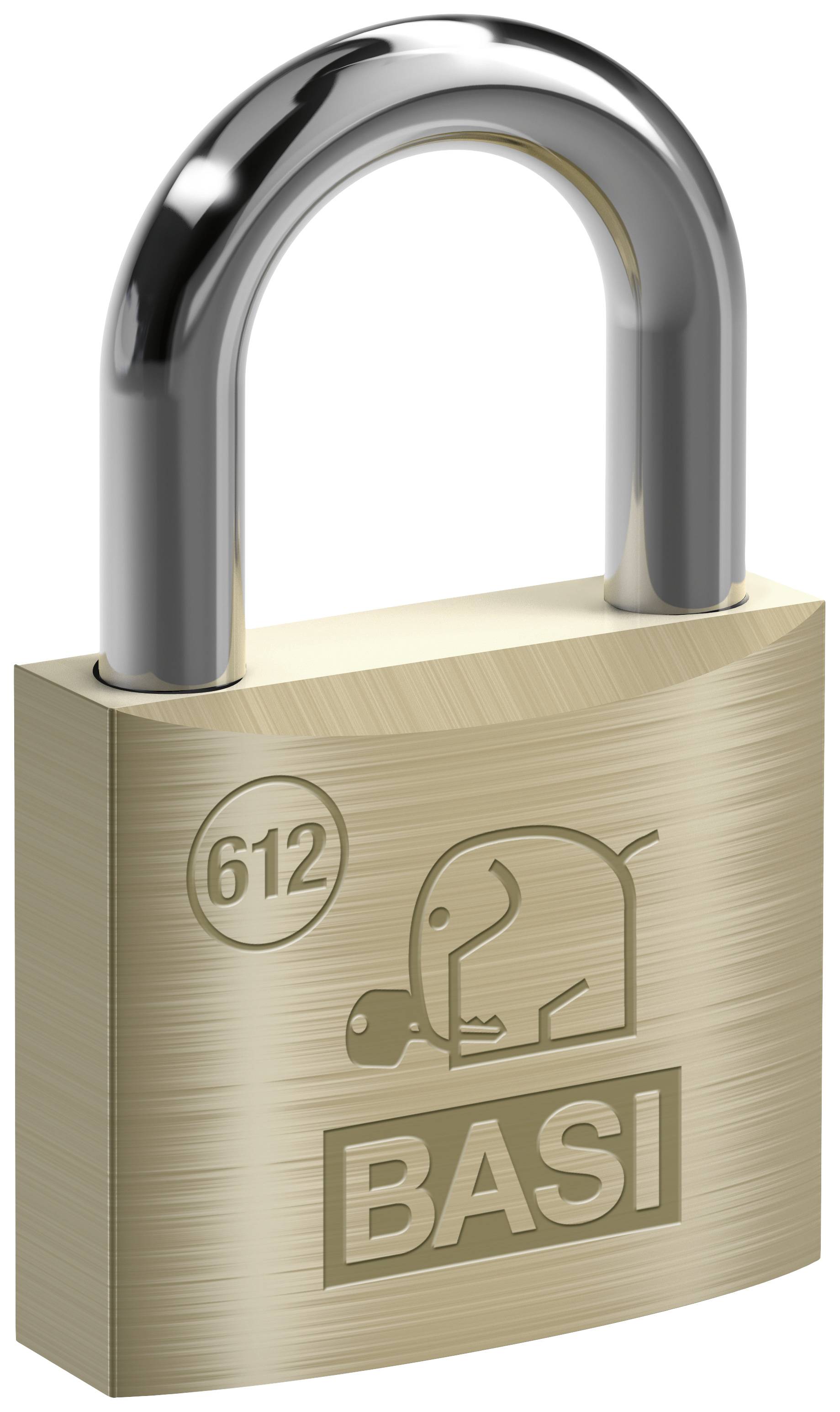 Un cadenas en métal portant l'inscription 'BASI 612' et un logo d'éléphant.
