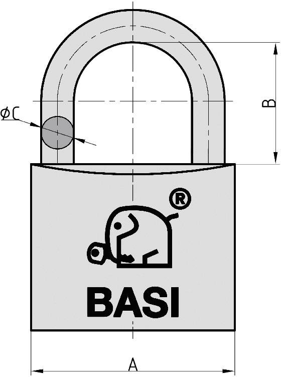 Un cadenas portant l'inscription 'BASI', à côté duquel se trouve une petite illustration symbolique d'un éléphant avec une clé. Des indications de taille sont visibles.