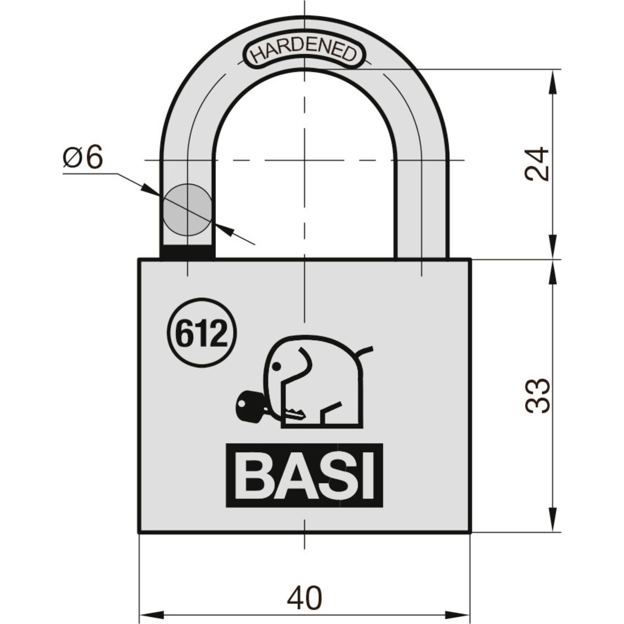 Un diagramme technique d'un cadenas étiqueté « BASI 612 ». Les caractéristiques incluent une anse durcie, dimensions : 40 largeur, 33 hauteur, 24 hauteur d'anse, 6 diamètre d'anse.