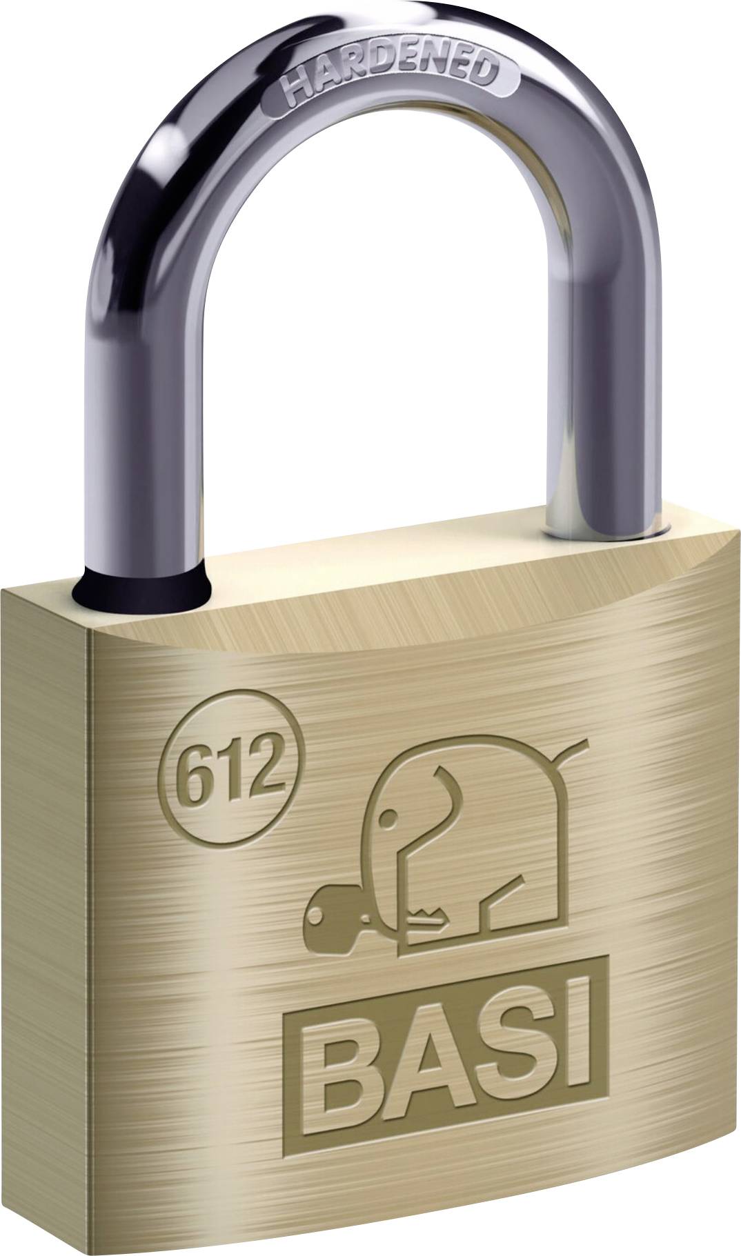 Un cadenas en laiton avec 'BASI' et un logo d'éléphant gravés. L'anse est en argent et marquée 'HARDENED'. Le numéro de modèle '612' est visible.