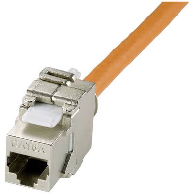 Un câble réseau CAT6A avec un connecteur orange est équipé d'une fiche métallique argentée, utilisée pour des connexions à haute vitesse.