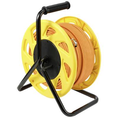 Un enrouleur de tuyau jaune et noir avec un tuyau orange, monté sur un support métallique noir. Adapté pour les travaux de jardinage ou l'arrosage.