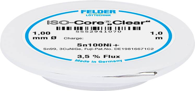 Bobine de soudure avec inscription 'ISO-Core Clear', diamètre de 1,00 mm, longueur de 1 m, Sn100Ni+, 3,5 % de flux, fabriquée en Allemagne.
