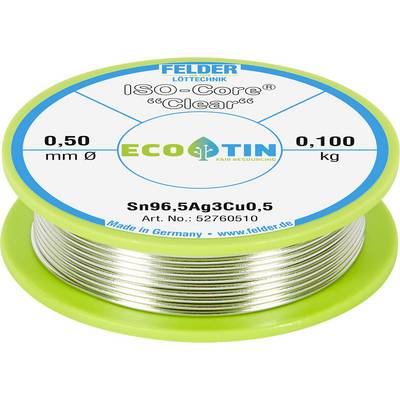 Bobine de fil à souder FELDER Löttechnik ECO en étain étiqueté « ISO-Core Clear », diamètre 0,50 mm, 0,100 kg, Sn96,5 Ag3 Cu0,5, numéro d'article 52760510.