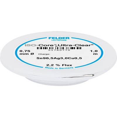 Feld 'ISO-Core Ultra-Claire' bobine de soudure, diamètre 0,75 mm, longueur 1,0 m, alliage Sn96,5Ag3,0Cu0,5, flux à 2,2%, Fabriqué en Allemagne.