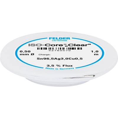 Bobine ronde de soudure, étiquetée 'ISO-Core Clear', diamètre : 0,50 mm, longueur : 1,0 m, alliage : Sn96,5Ag3,0Cu0,5, teneur en flux : 3,5 %.