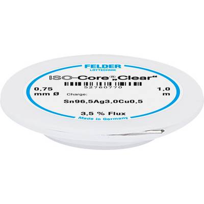 Bobine de soudure 'ISO-Core Clear' de Felder. Diamètre : 0,75 mm, Longueur : 1 m. Alliage : Sn96,5Ag3,0Cu0,5, Flux : 3,5 %, Fabriqué en Allemagne.