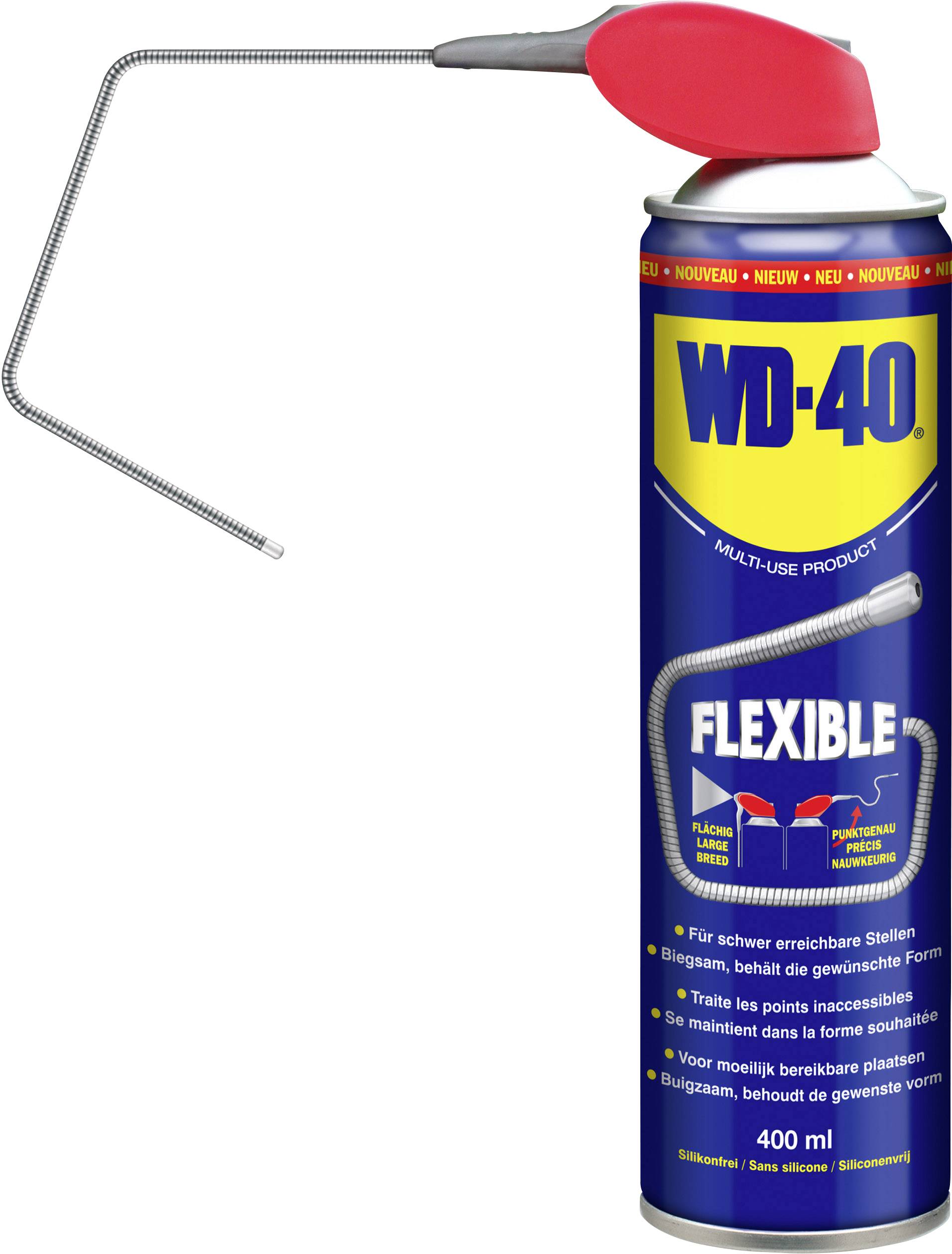 Bombe aérosol WD-40 Flexible avec tube métallique flexible et embout de pulvérisation rouge. Adaptée pour atteindre les endroits difficiles d'accès.