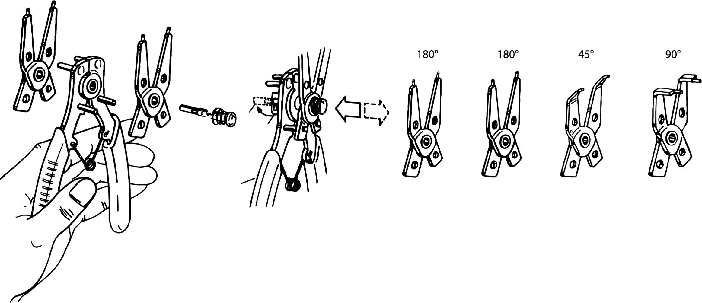 Une main tient une pince en train de visser sur un vélo à plusieurs vitesses. Des flèches indiquent les angles de rotation : 180°, 180°, 45°, 90° pour différentes configurations.