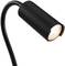 Lampe de lecture noire avec col flexible et tête cylindrique. La lampe émet une lumière de couleur chaude et convient pour un éclairage ciblé.