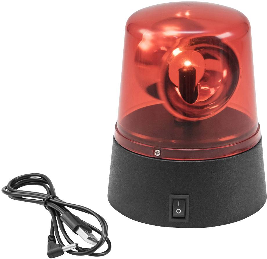 Sirène rouge avec socle noir et interrupteur, à côté d'un câble de connexion noir. Elle est fréquemment utilisée pour des alarmes ou des signaux d'avertissement.