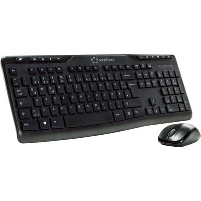 Clavier noir sans fil avec disposition allemande et souris sans fil assortie, tous deux de la marque Renkforce.