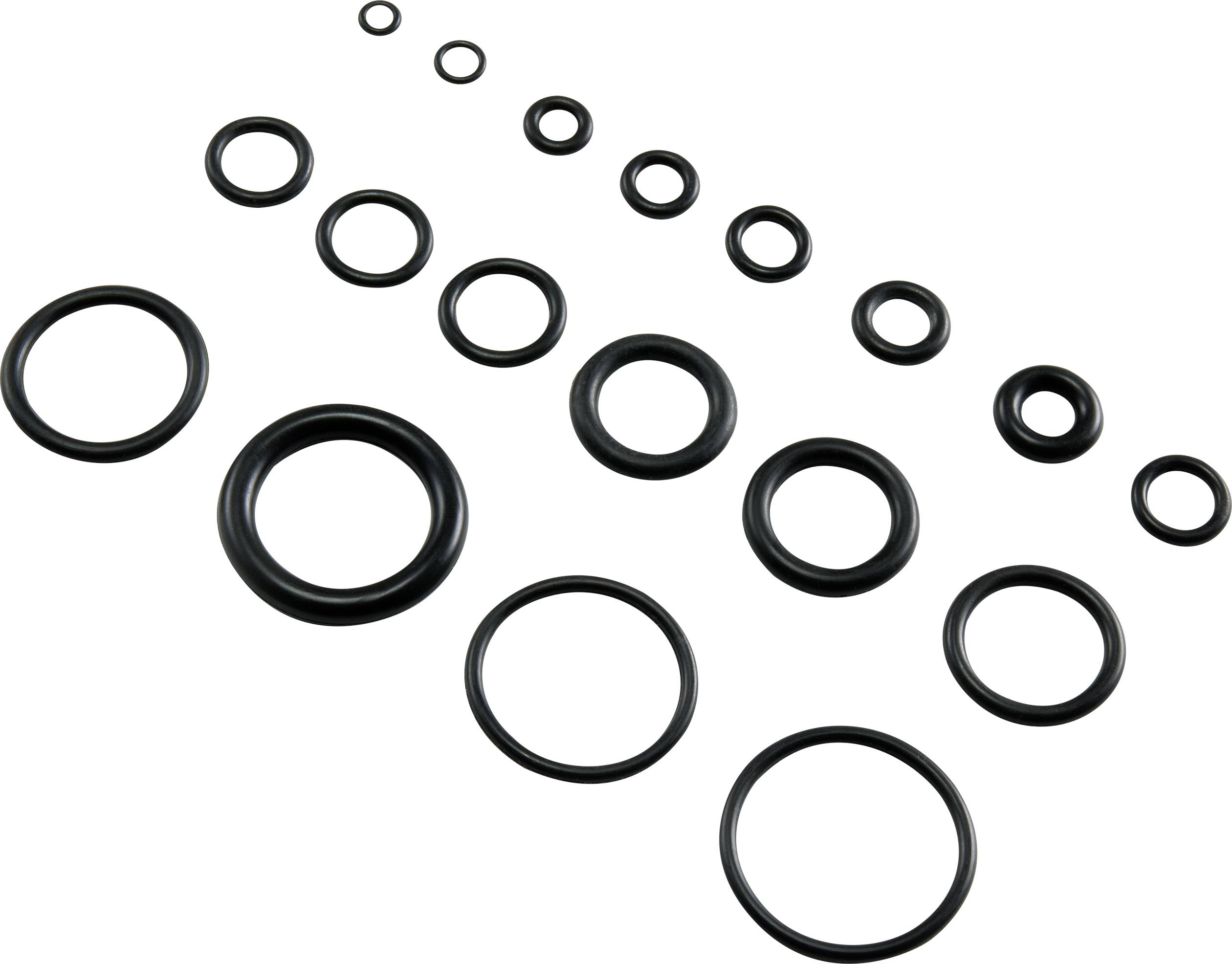 Plusieurs joints toriques noirs de différentes tailles sur un fond blanc, disposés en rangées du plus petit au plus grand.