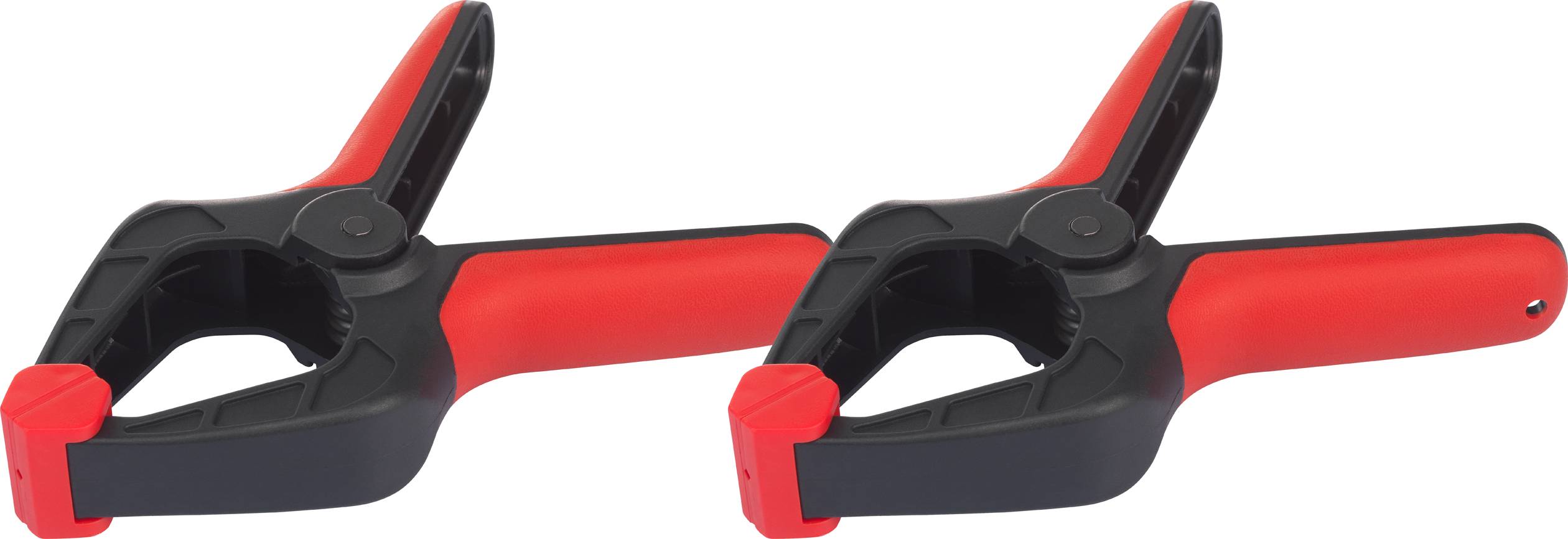 Deux pinces en plastique noir et rouge avec un mécanisme à ressort, placées côte à côte, servant à fixer des matériaux pendant les travaux.