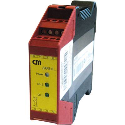 Un relais de sécurité électronique rouge et noir de marque CM avec des voyants lumineux pour Alimentation, Canal 1 et Canal 2.