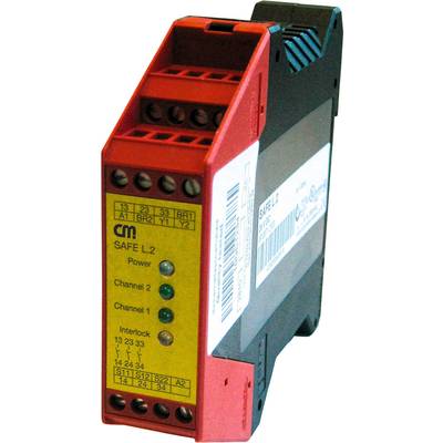 Un module de sécurité rouge avec plusieurs bornes de connexion et des voyants LED. Étiqueté 'cm SAFE L.2'. Destiné à la surveillance énergétique et de canal.