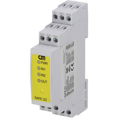 Appareil électronique de commutation avec façade avant jaune, portant l'inscription 'SAFE G2', affichant les indicateurs d'état 'PWR', 'IN1', 'IN2', 'OUT'.