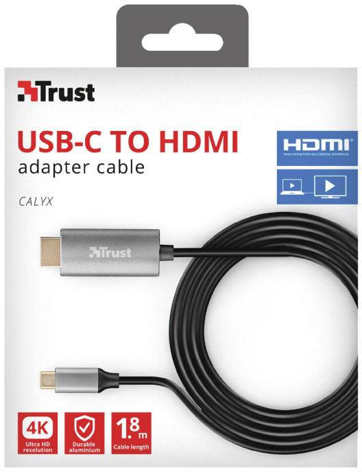 Câble adaptateur USB-C vers HDMI de la marque Trust, long de 1,8 m, prenant en charge la 4K, en aluminium durable, avec emballage présentant le câble et ses connecteurs.
