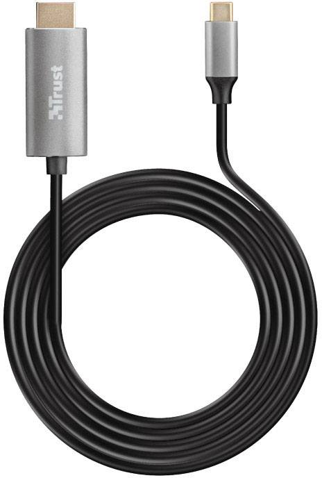 Un câble HDMI noir avec des connecteurs argentés aux deux extrémités, adapté pour connecter des appareils munis de ports HDMI.