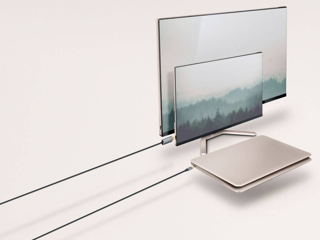 Un ordinateur portable est connecté à deux moniteurs. Les deux écrans affichent des paysages forestiers brumeaux. Des câbles relient les appareils.