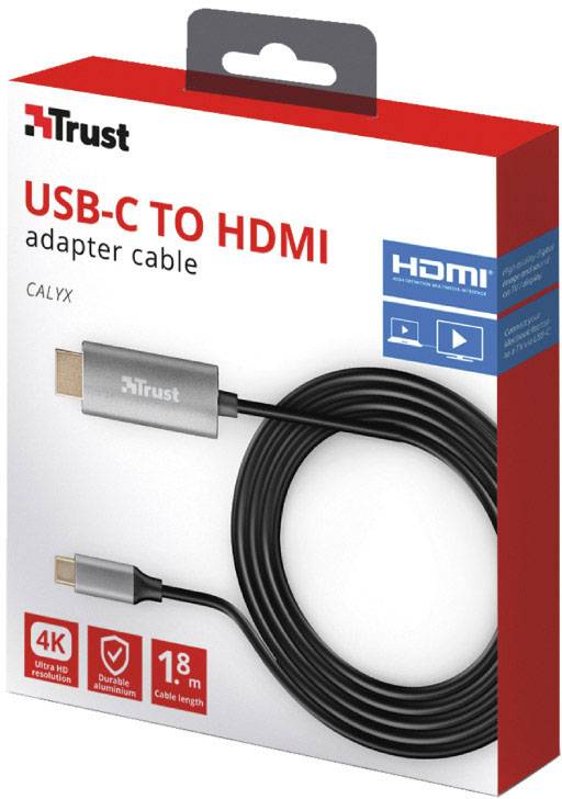 Emballage d'un adaptateur câble Trust USB-C vers HDMI. Prend en charge HDMI 4K, longueur adaptée de 1,8 mètres. Illustration des deux connecteurs.
