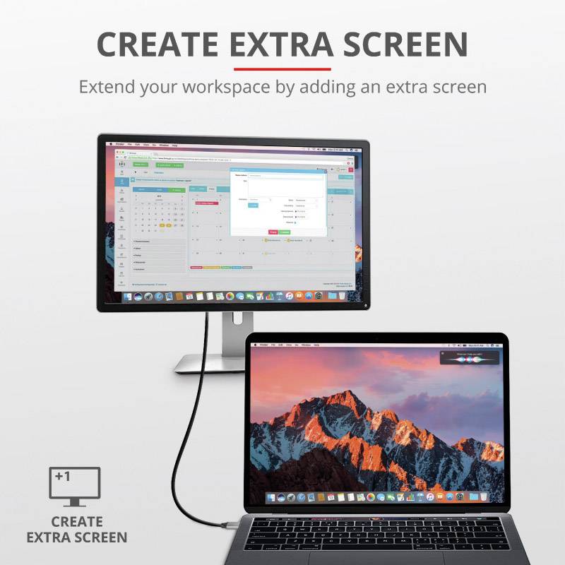'CRÉER UN ÉCRAN SUPPLÉMENTAIRE' et 'ÉTENDRE VOTRE ESPACE DE TRAVAIL en ajoutant un écran supplémentaire'. Ordinateur portable connecté à un second écran via un câble HDMI.