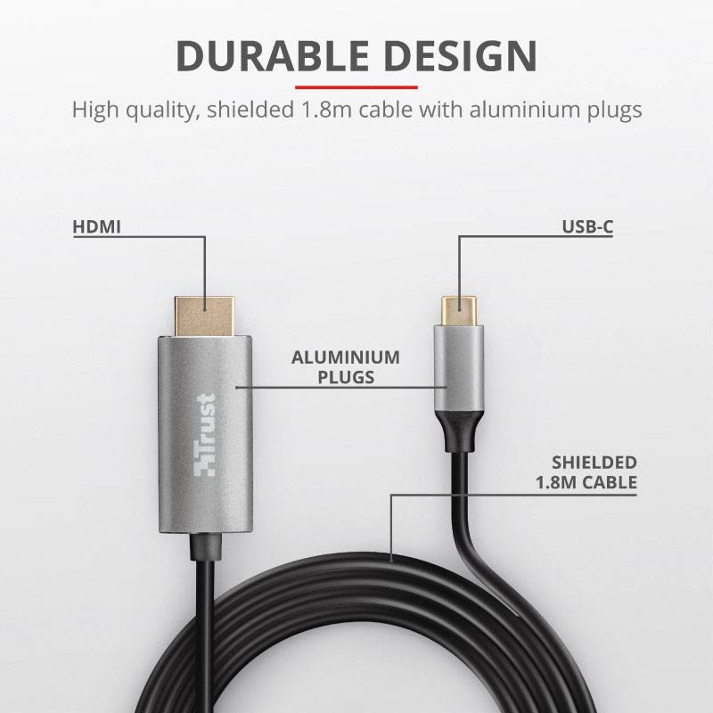 Câble blindé de haute qualité de 1,8 m avec fiches en aluminium, HDMI vers USB-C. Marque 'Trust', mis en valeur pour sa conception robuste.