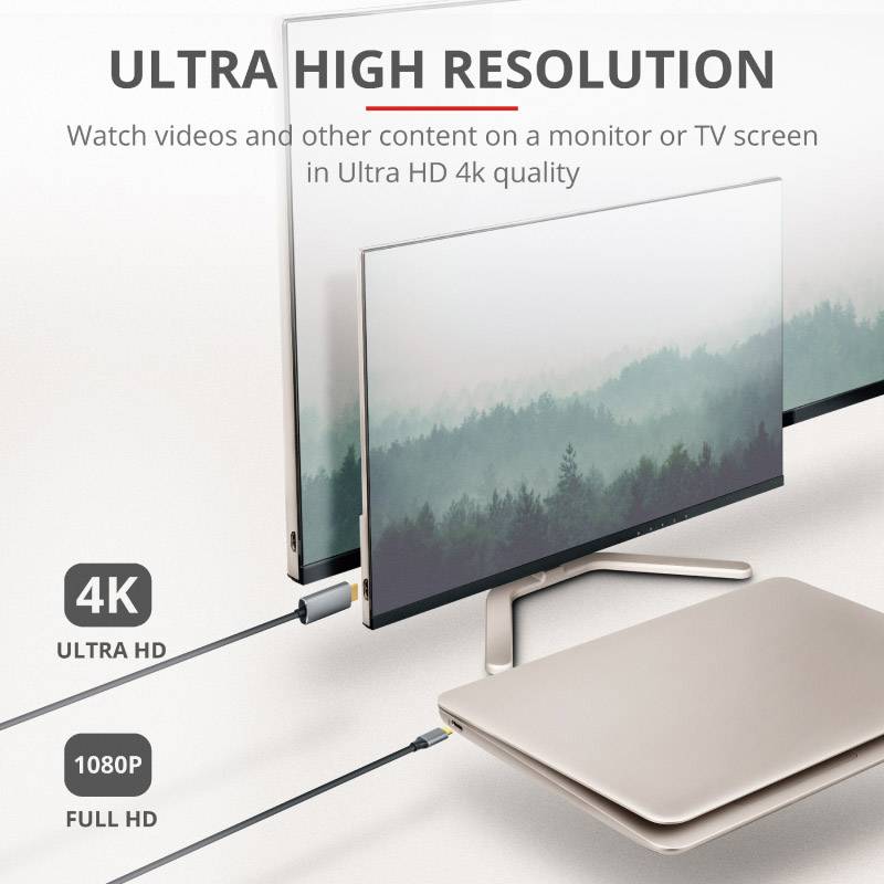 'Affichage d'un moniteur avec une image de forêt en haute résolution, mettant en avant les performances Ultra HD 4K par rapport au Full HD 1080p.'