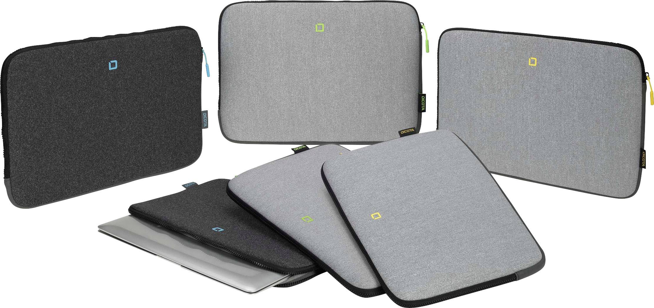 Housses d'ordinateurs portables de différentes tailles et couleurs, y compris noir et gris, empilées les unes sur les autres.