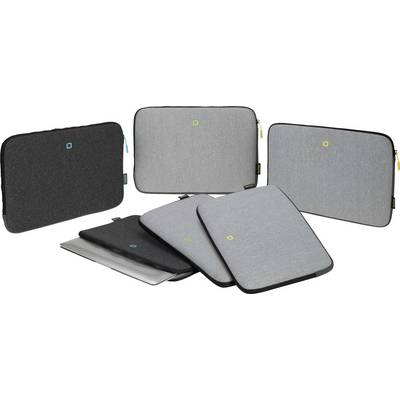 Housses d'ordinateurs portables de différentes tailles et couleurs, y compris noir et gris, empilées les unes sur les autres.