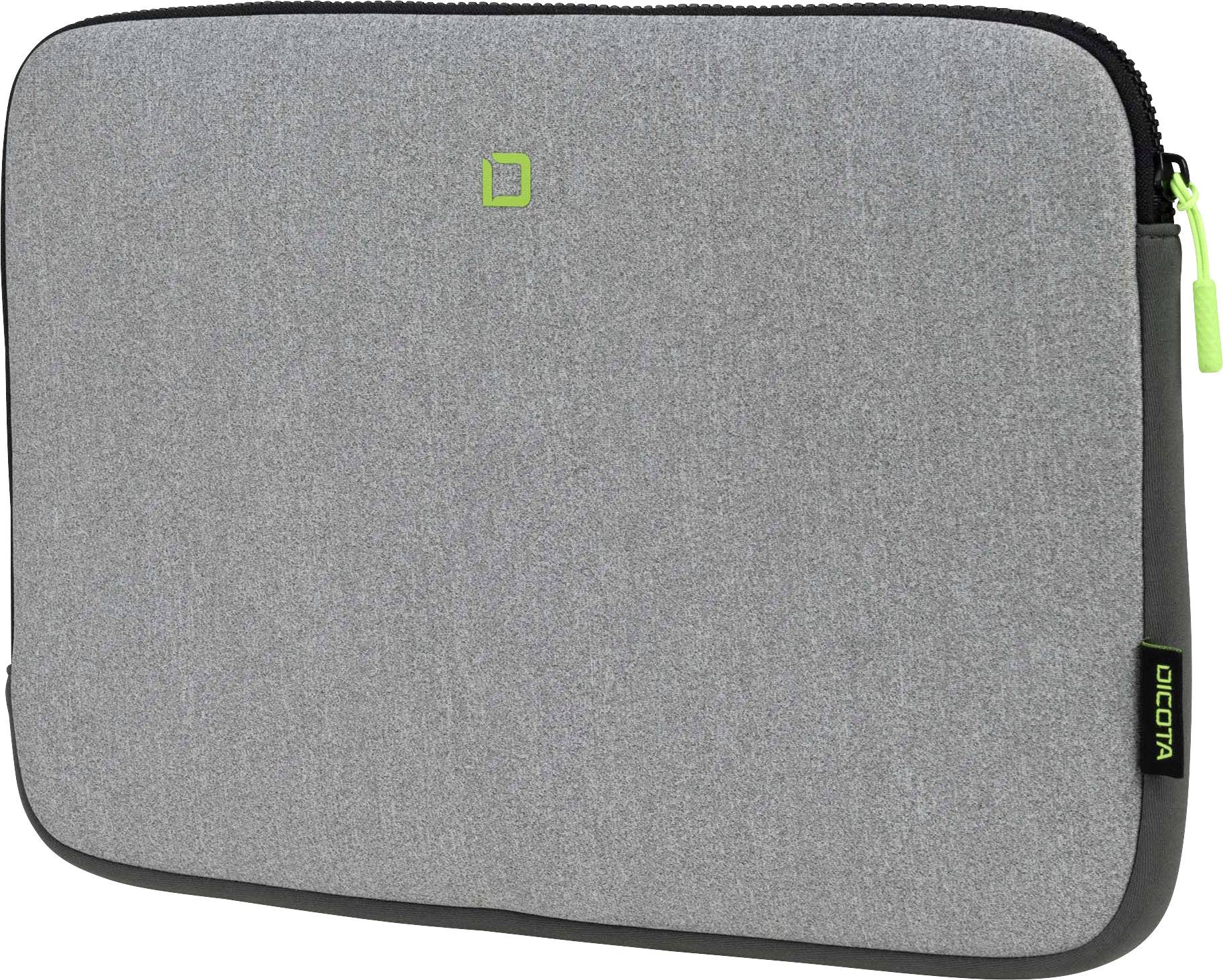 Housse de portable grise avec fermeture éclair verte et logo, adaptée aux ordinateurs portables jusqu'à 13 pouces.